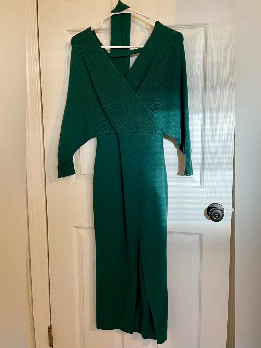 Lulu's Forest Green Wrap Midi Sweater Dress with Tie Belt